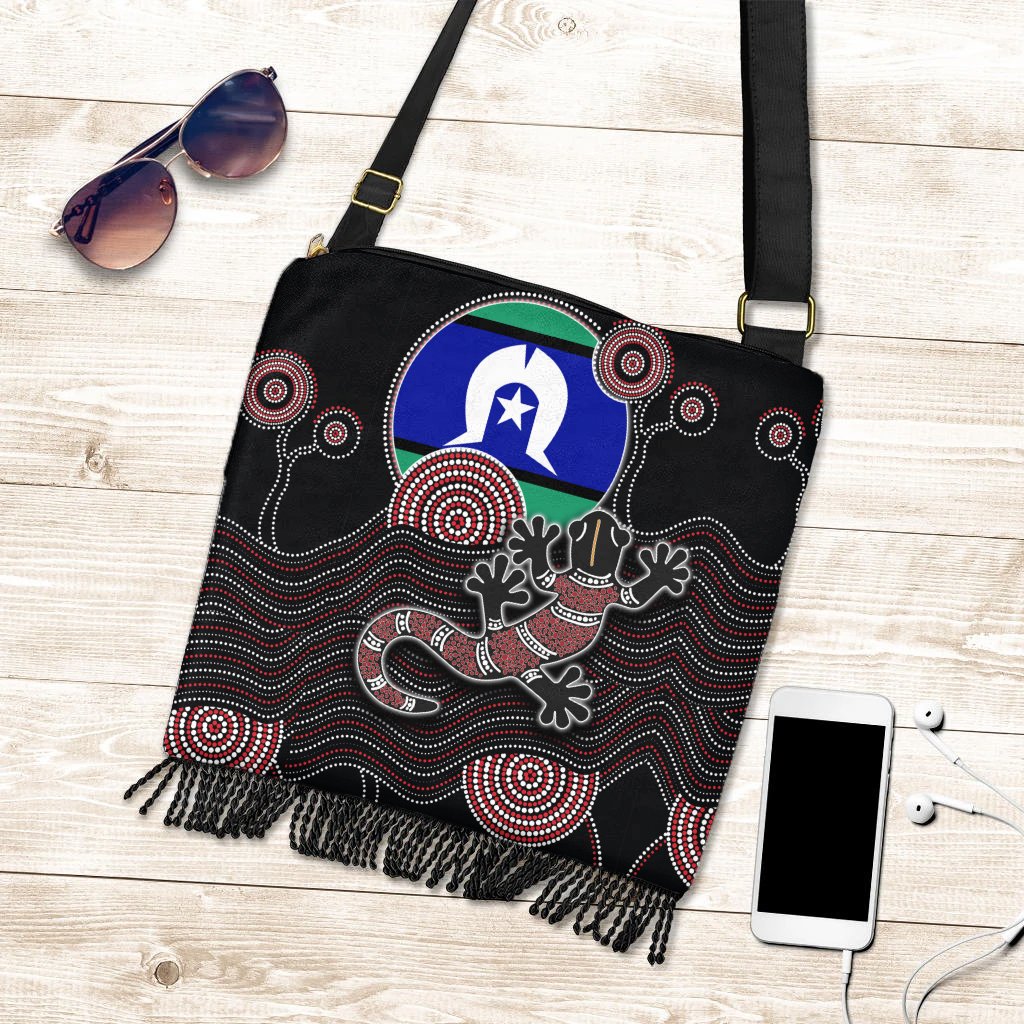 Boho Handbag - Gecko Aboriginal Tribal Pattern with Torres Strait Islanders Flag