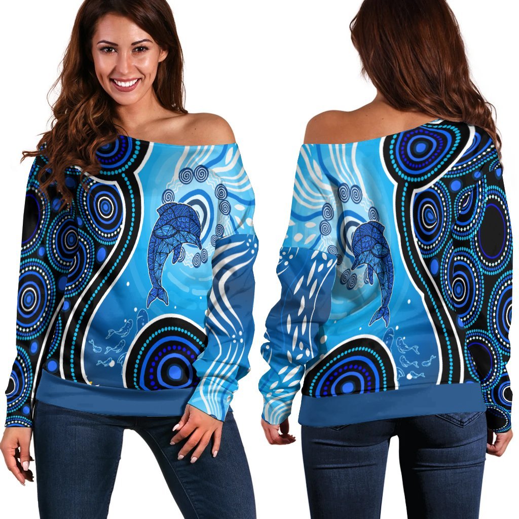 Aboriginal Women's Off Shoulder S weater - Dolphin And Aboriginal Dot Patterns