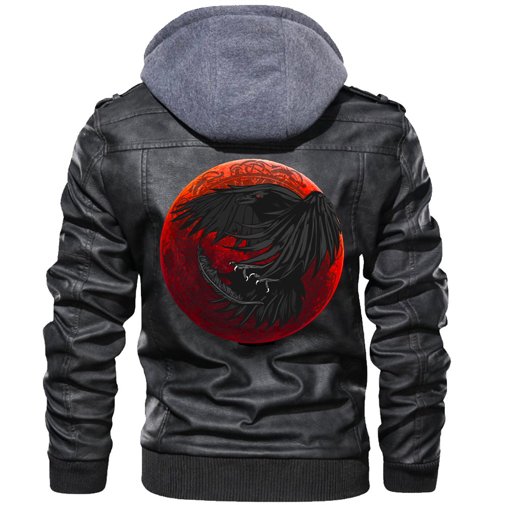 Viking Valknut Zipper Leather Jacket Red Moon Raven