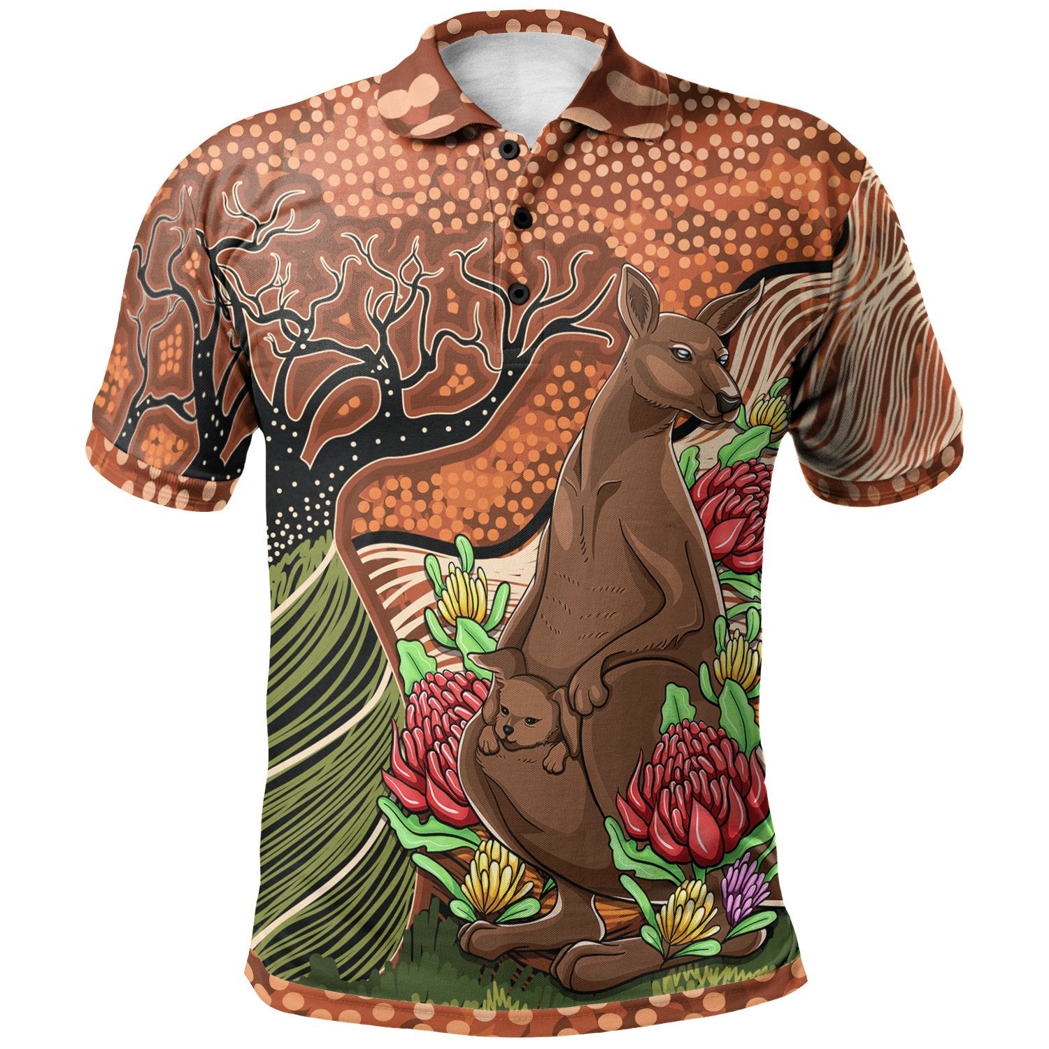Aboriginal Polo - Kangaroo With Indigenous Tree Polo Shirt