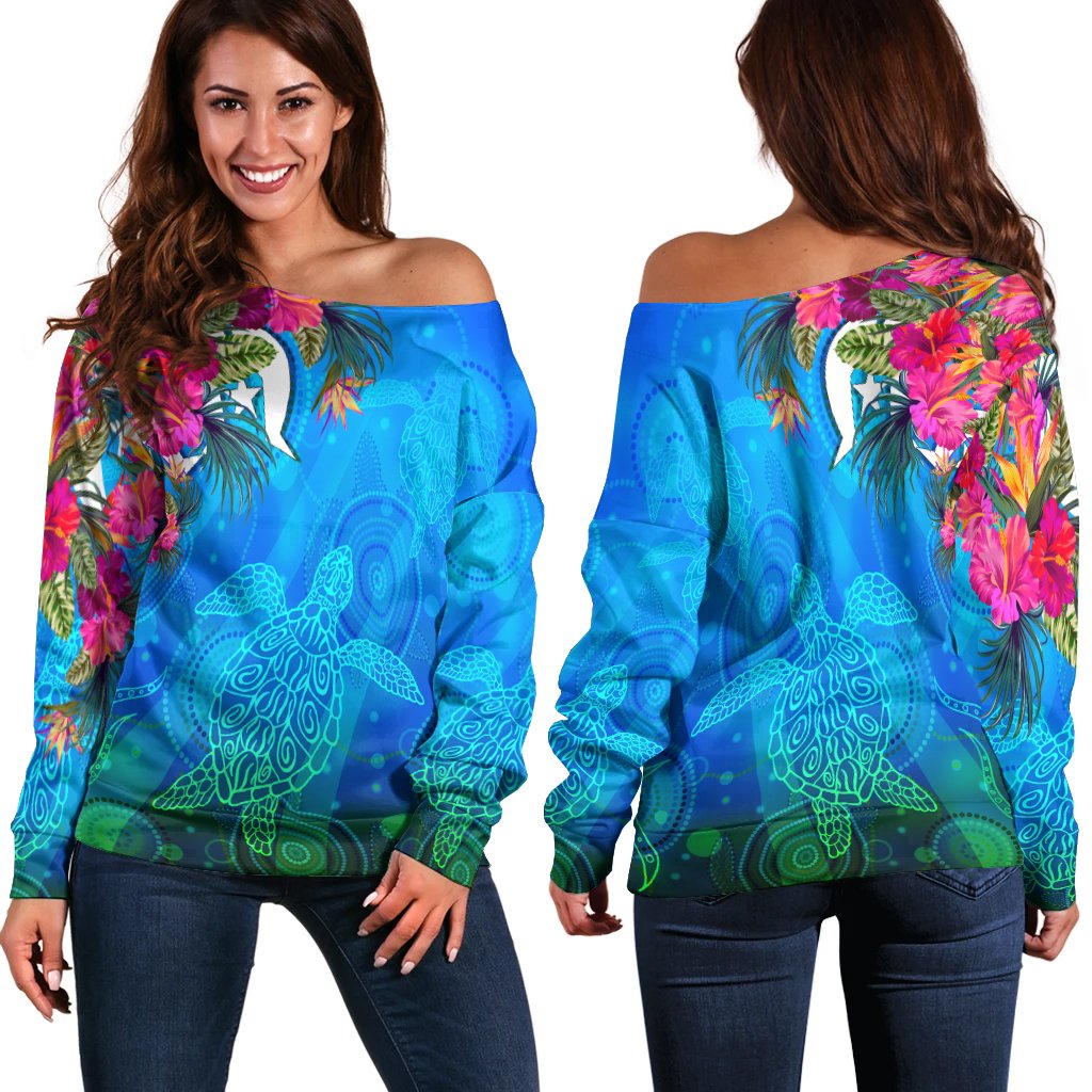 Women Off Shoulder - Torres Strait Blue Sea With Hibiscus