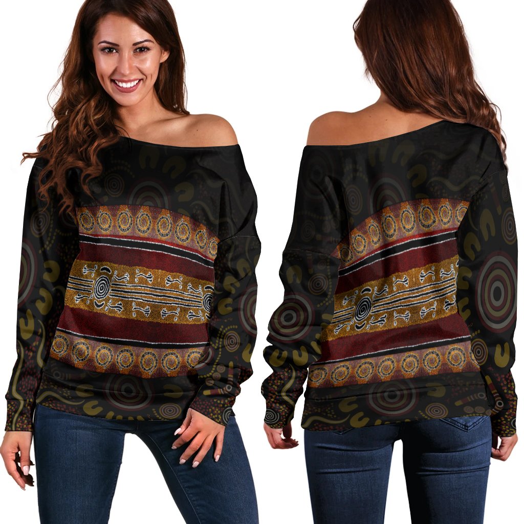 Off Shoulder - Aboriginal Dot Panting Art Horizontal Lines