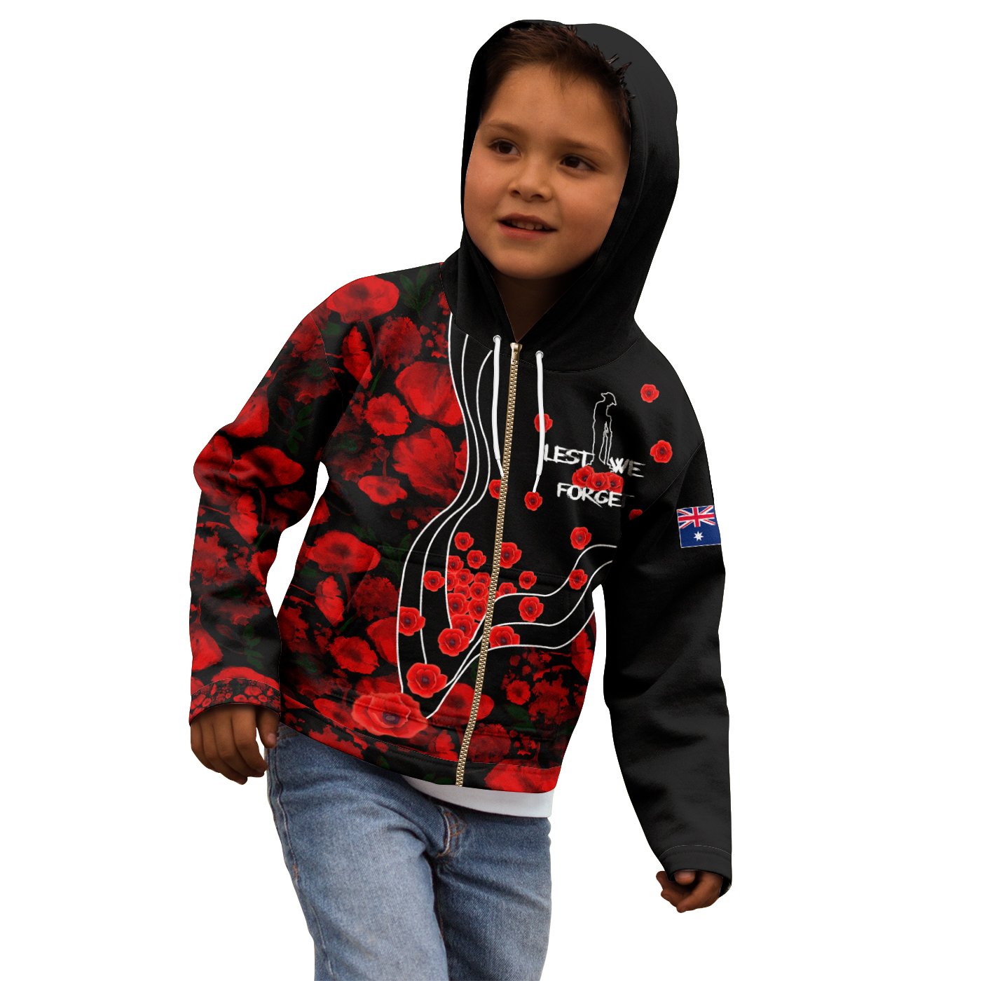 Anzac Lest We Forget Zip Hoodie Kid - Poppy Flowers