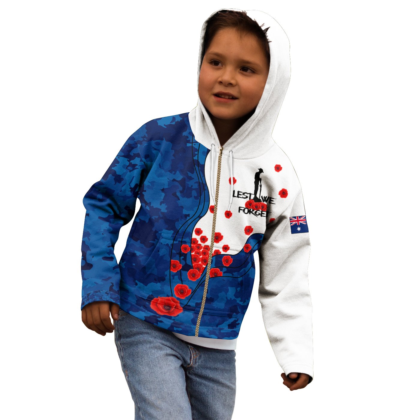 Anzac Lest We Forget Zip Hoodie Kid - Australian Flag Blue