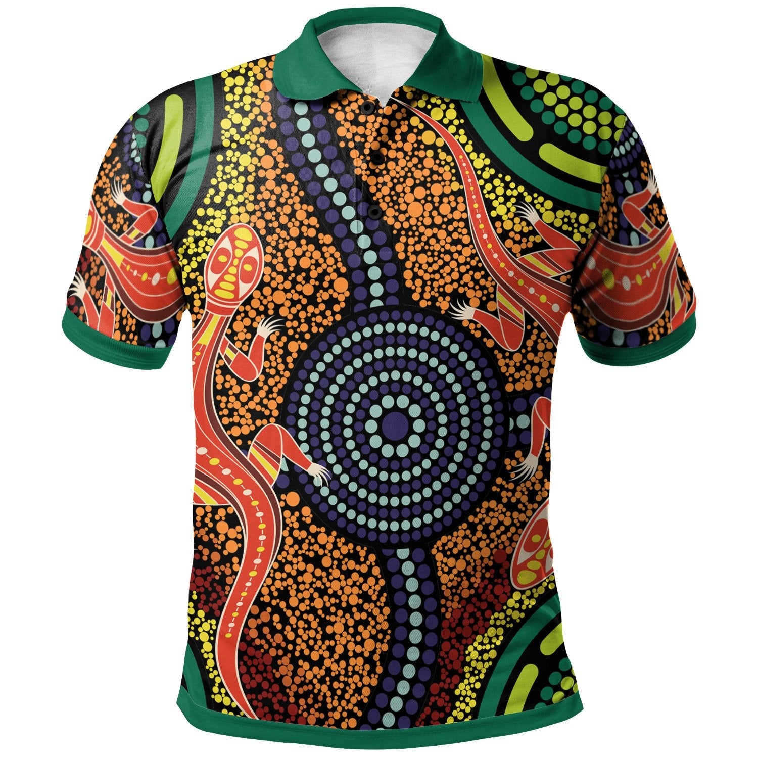 Aboriginal Polo - Aboriginal Two Lizards Dot Painting Circle Polo Shirt