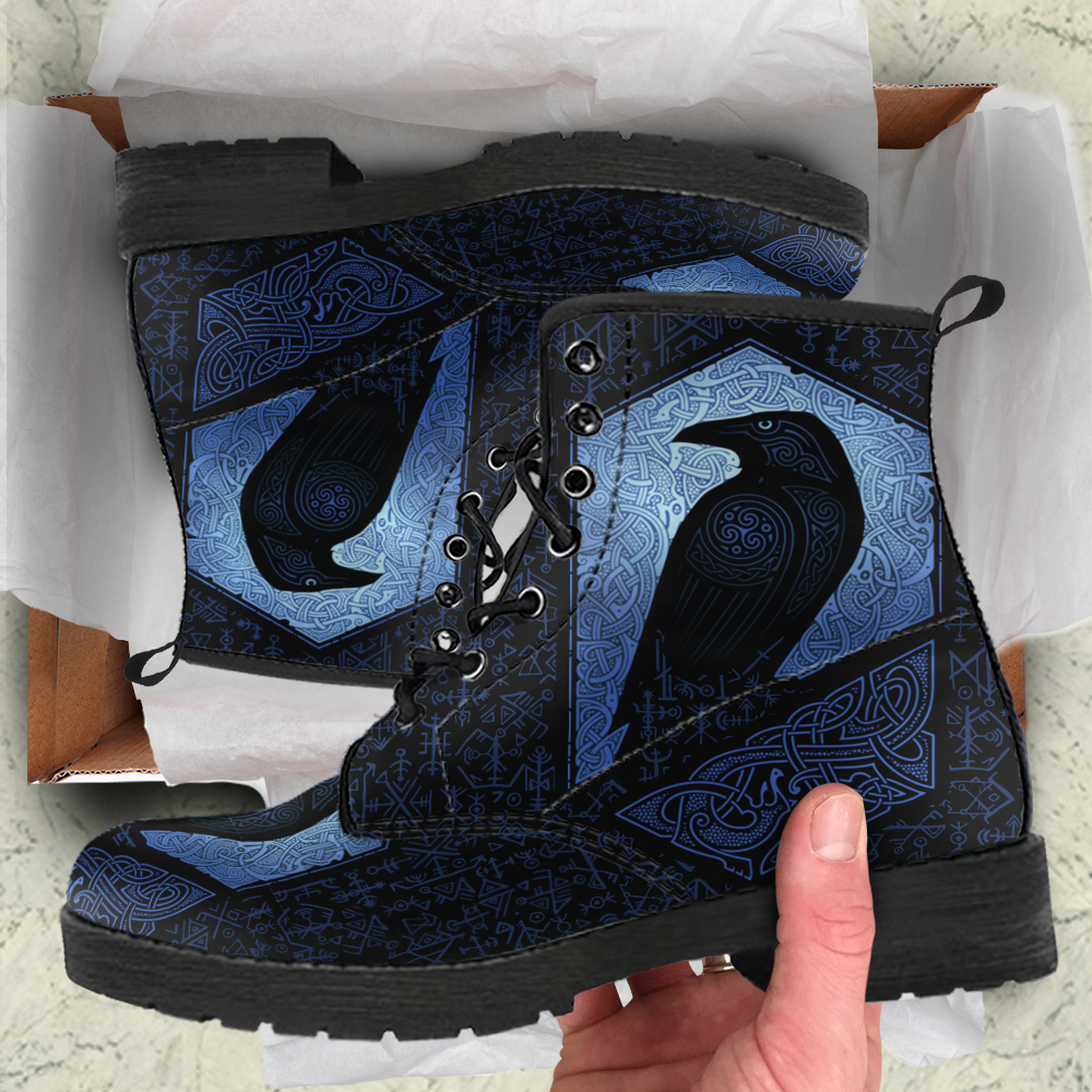 Viking Leather Boots The Raven Of Odin with Futhark Blue Style