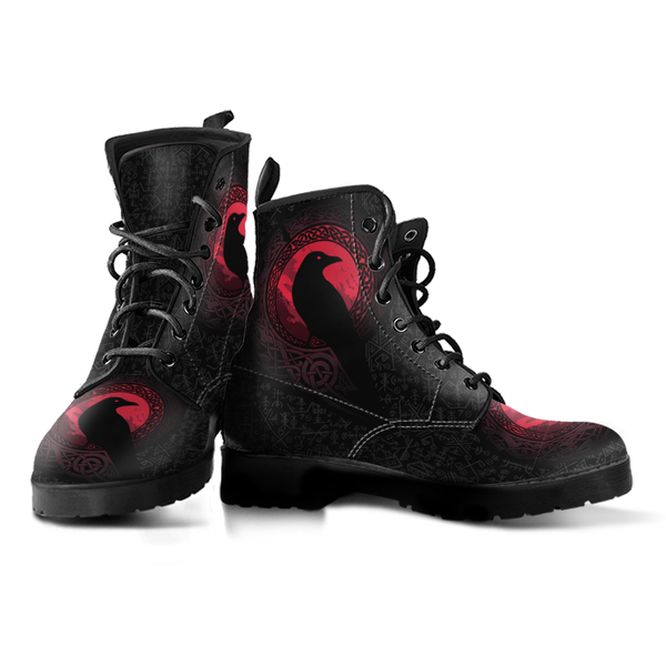 Viking Leather Boots The Raven Of Odin with Futhark Red Style