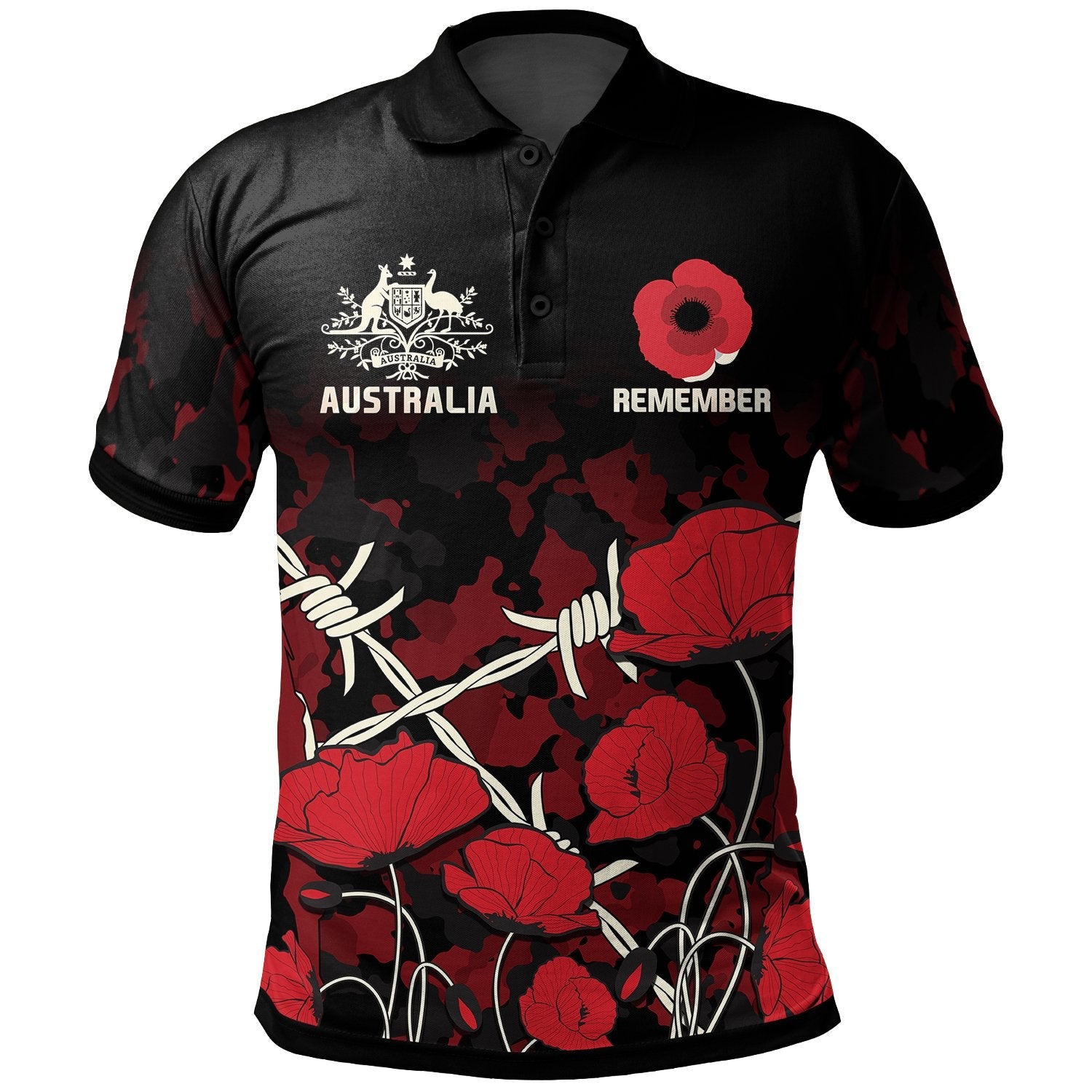 Anzac Polo - Anzac with Remembrance Poppy Flower Polo Shirt