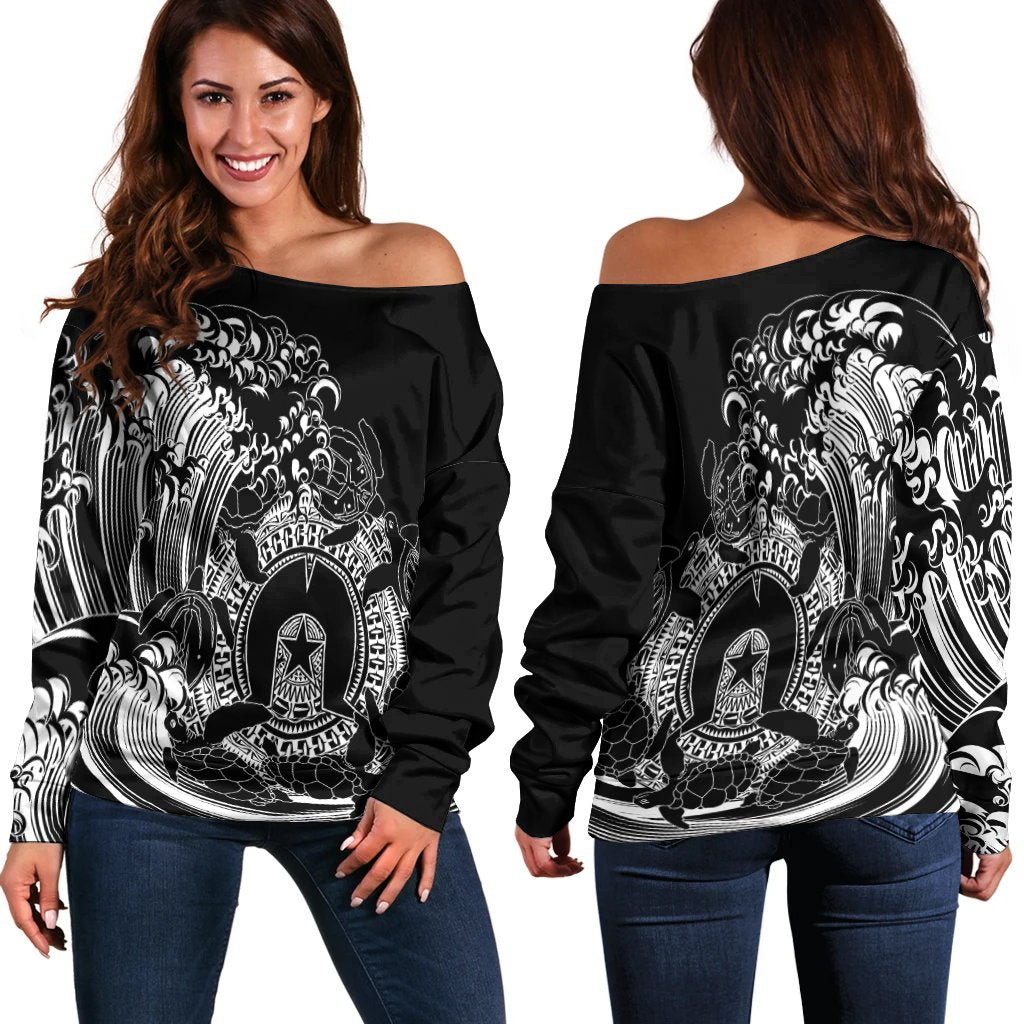 Aboriginal Women's Off Shoulder Sweater, Torres Strait Islands in Wave (Black)