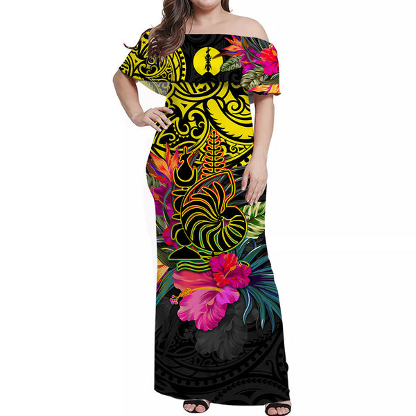 New Caledonia Off Shoulder Long Dress Alluring Polynesia and Tropical Flowers LT13