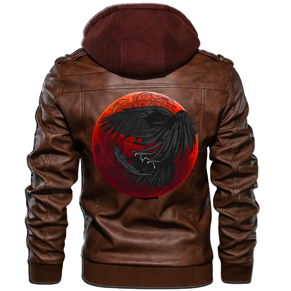 Viking Valknut Zipper Leather Jacket Red Moon Raven