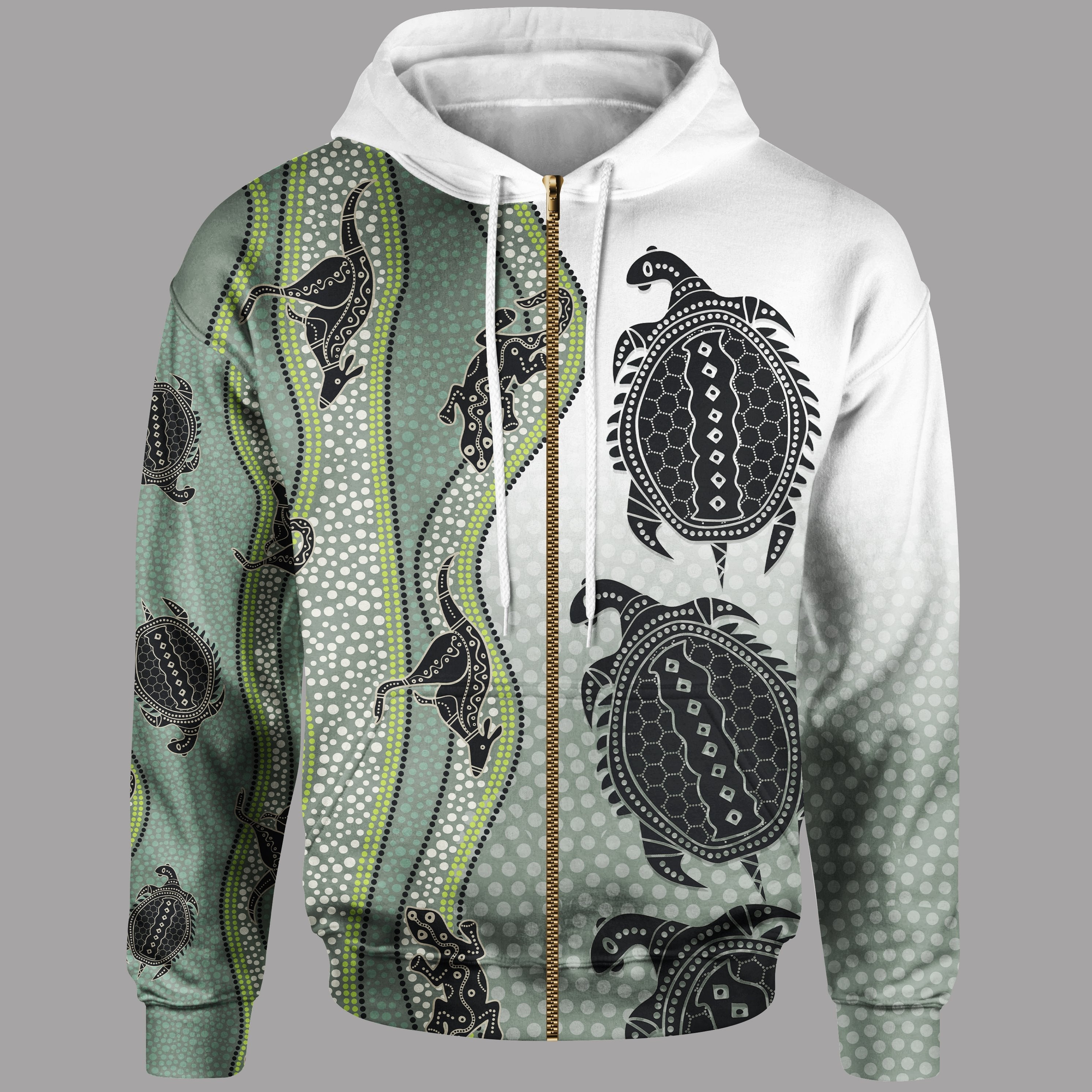 Zip Hoodie - Aboriginal with Kangaroo, Lizard, Turtle and Dotted Crooked Stripes Pattern