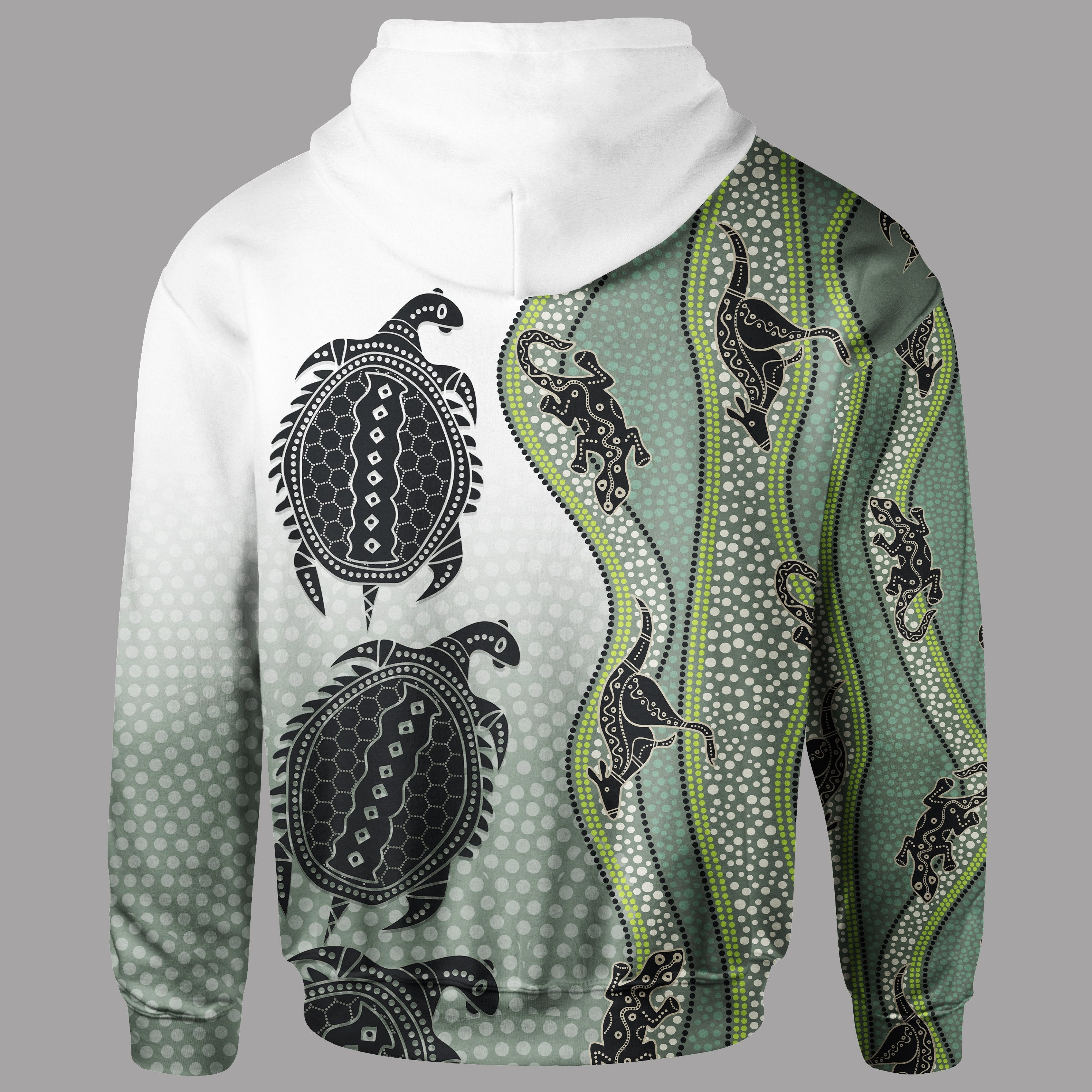 Zip Hoodie - Aboriginal with Kangaroo, Lizard, Turtle and Dotted Crooked Stripes Pattern