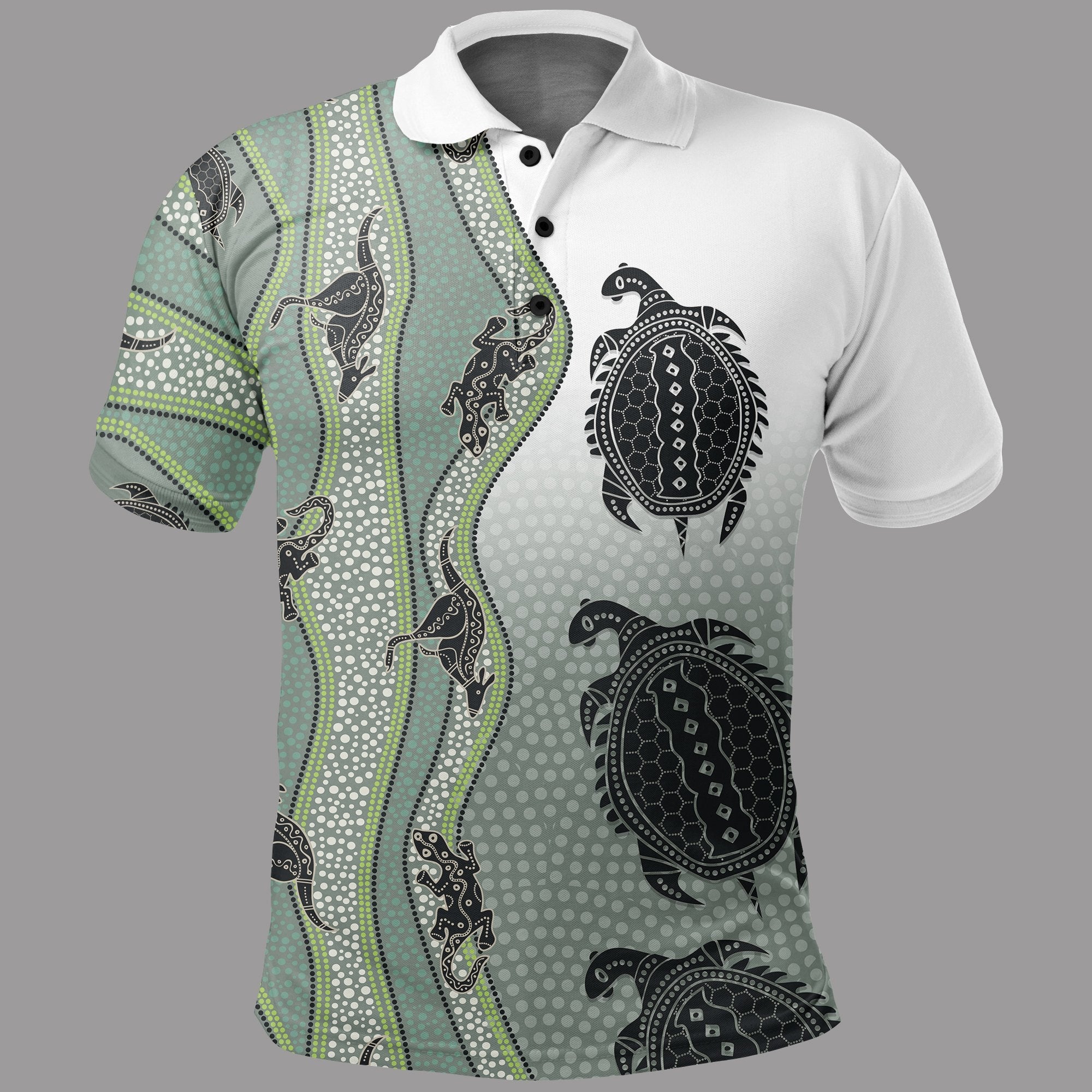 Aboriginal Polo - Aboriginal with Kangaroo, Lizard, Turtle and Dotted Crooked Stripes Pattern Polo Shirt