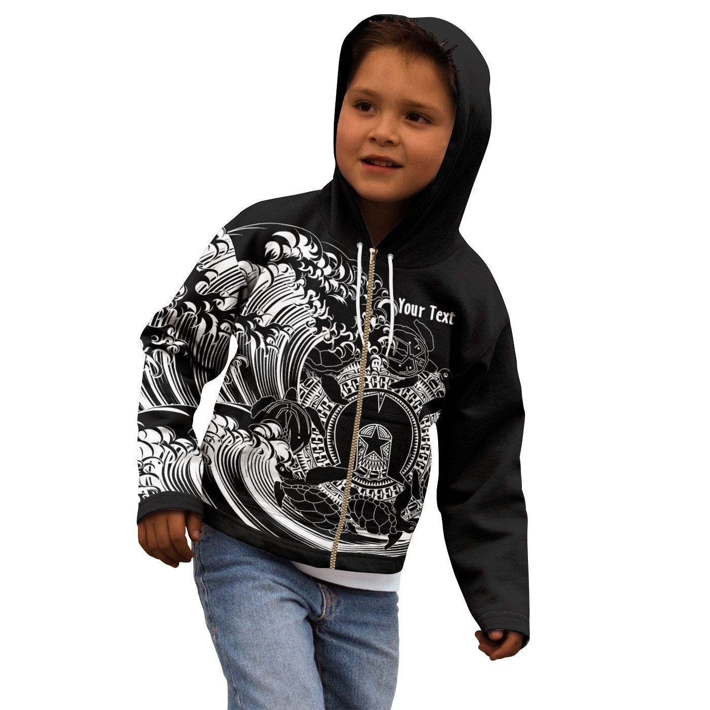 (Custom) Aboriginal Kid Zip Hoodie - Torres Strait Islands in Wave (Black) 