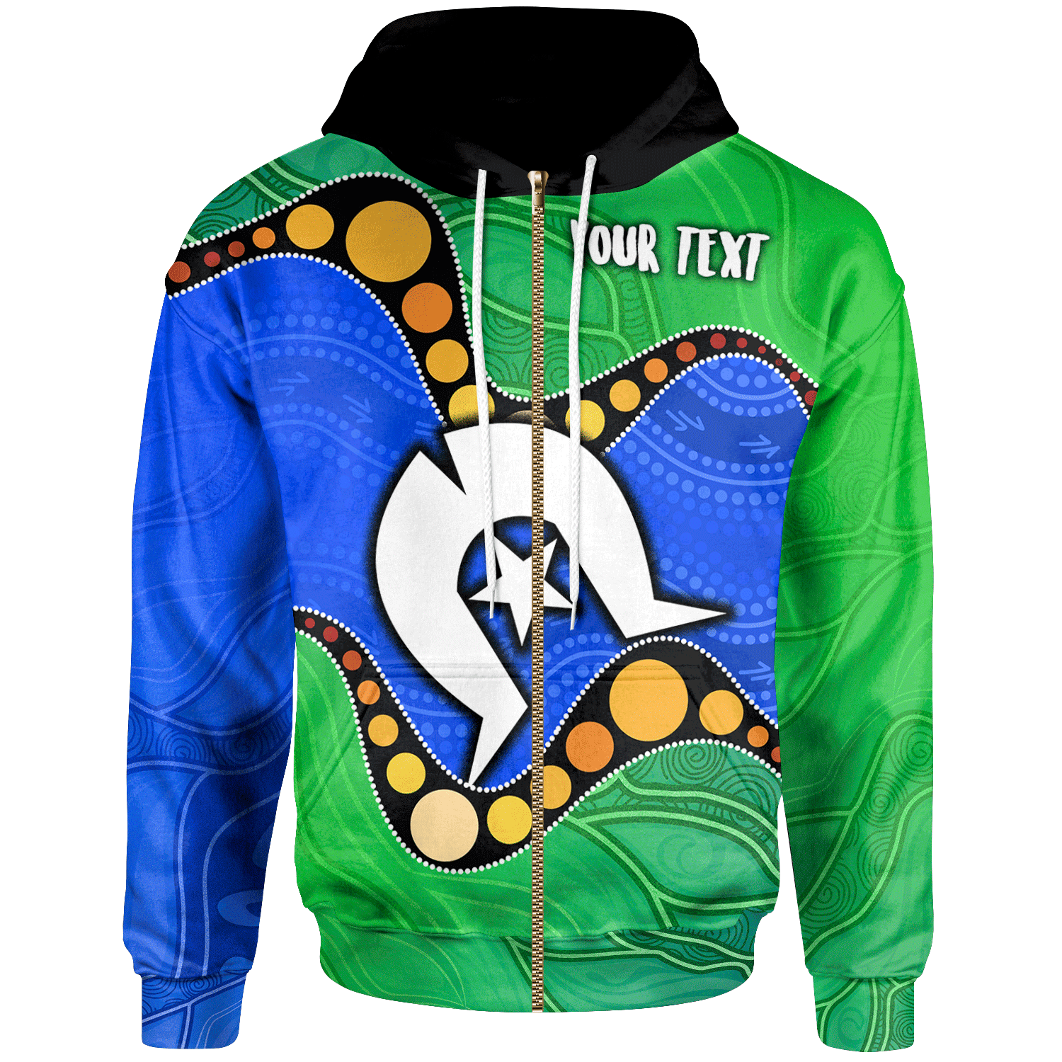 (Custom) Torres Strait Islands Zip Hoodie - Flag with Aboriginal Patterns