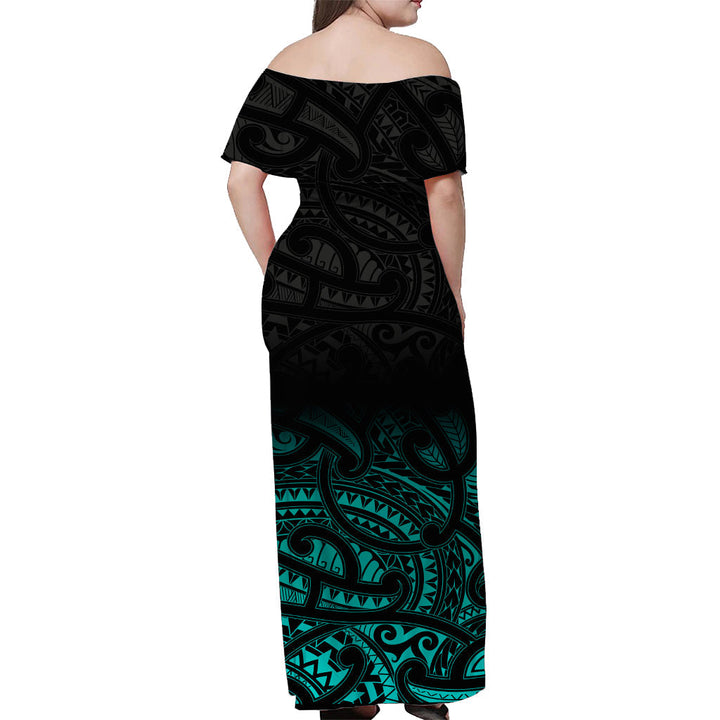 (Custom Personalised) New Zealand Off Shoulder Long Dress Maori Pattern Turquoise LT13