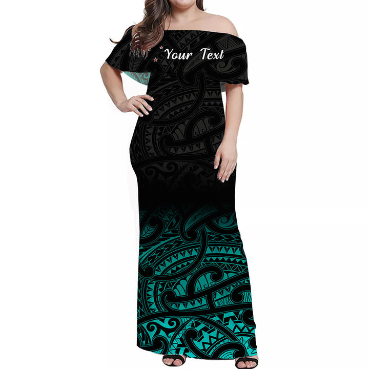 (Custom Personalised) New Zealand Off Shoulder Long Dress Maori Pattern Turquoise LT13