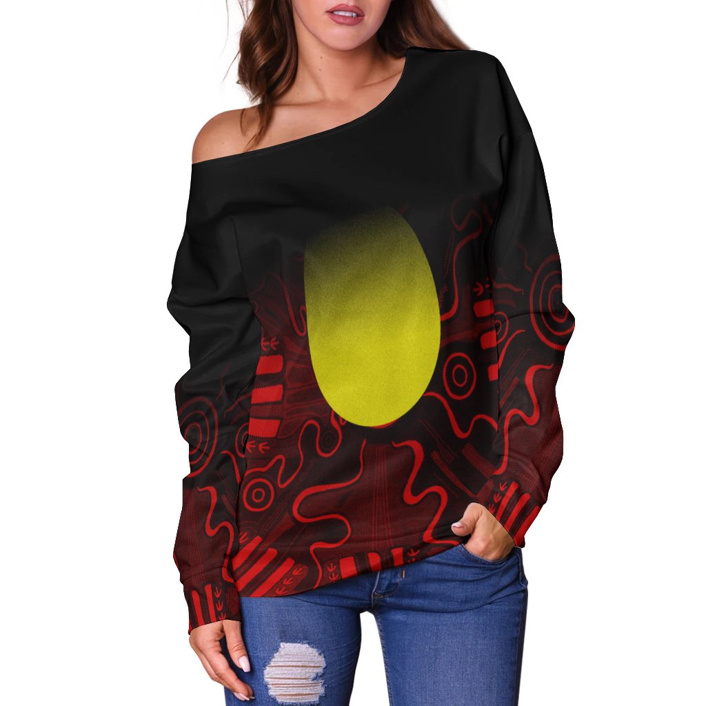 Aboriginal Women's Off Shoulder Sweater - Indigenous Flag Grunge Style