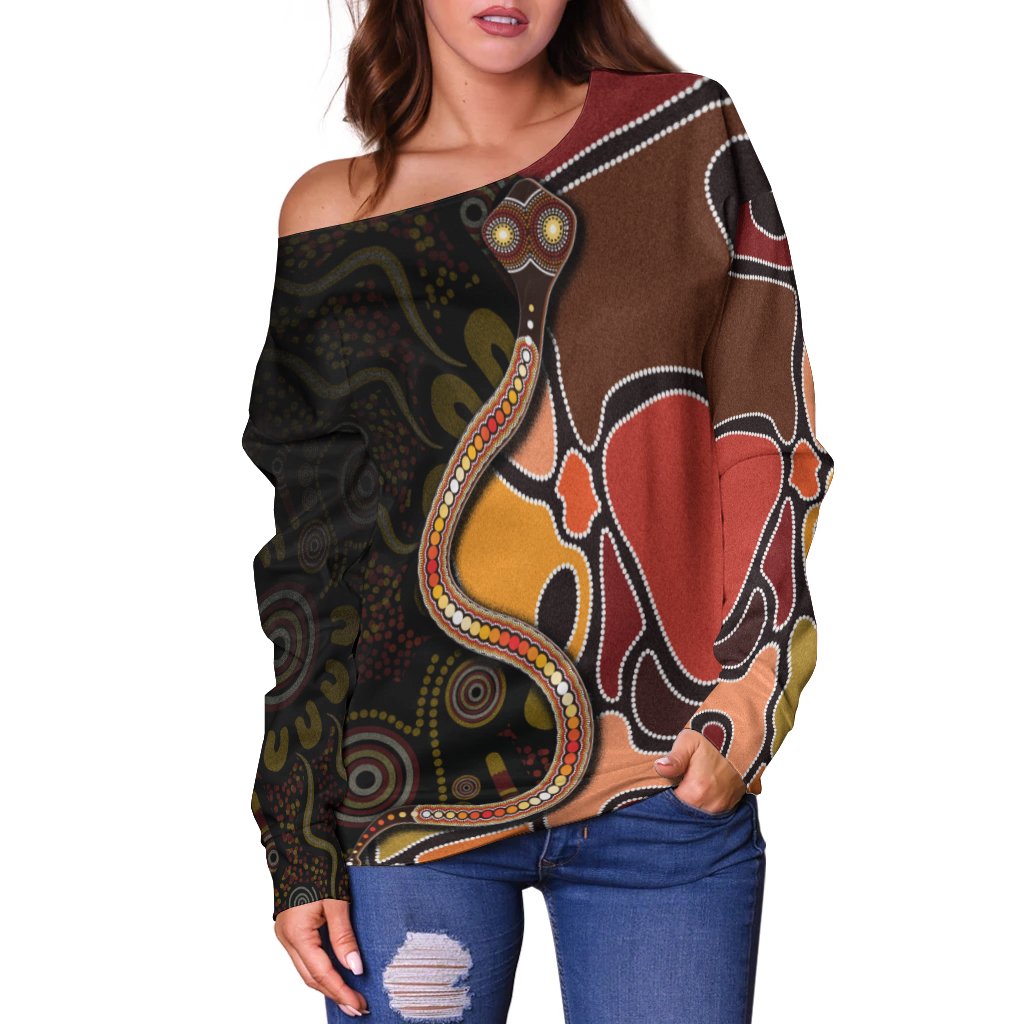 Women Off Shoulder - Aboriginal Snake With Dot Painting