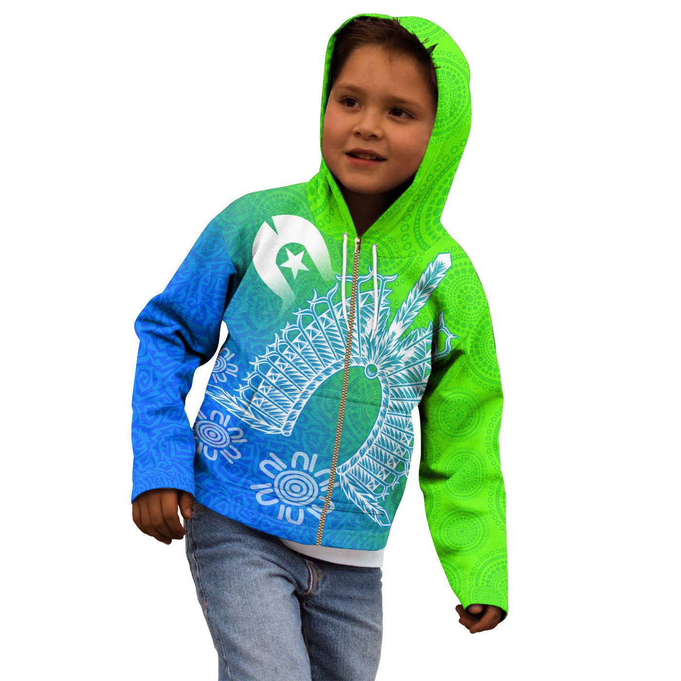 Torres Strait Islander Kid Zip Hoodie - Dhari Mask Ocean Style