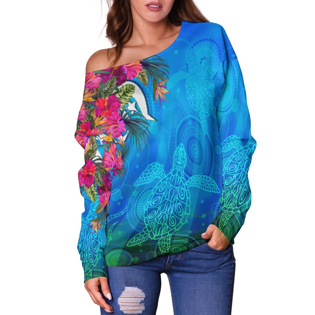 Women Off Shoulder - Torres Strait Blue Sea With Hibiscus