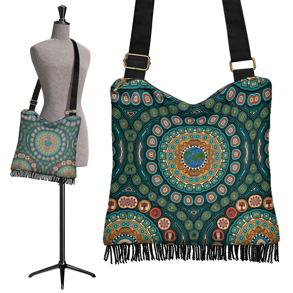 Crossbody Boho Handbag - Aboriginal Green Dot Painting With Earth