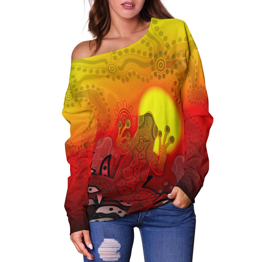 Aboriginal Women's Off Shoulder Sweater - Indigenous Frog (Red)
