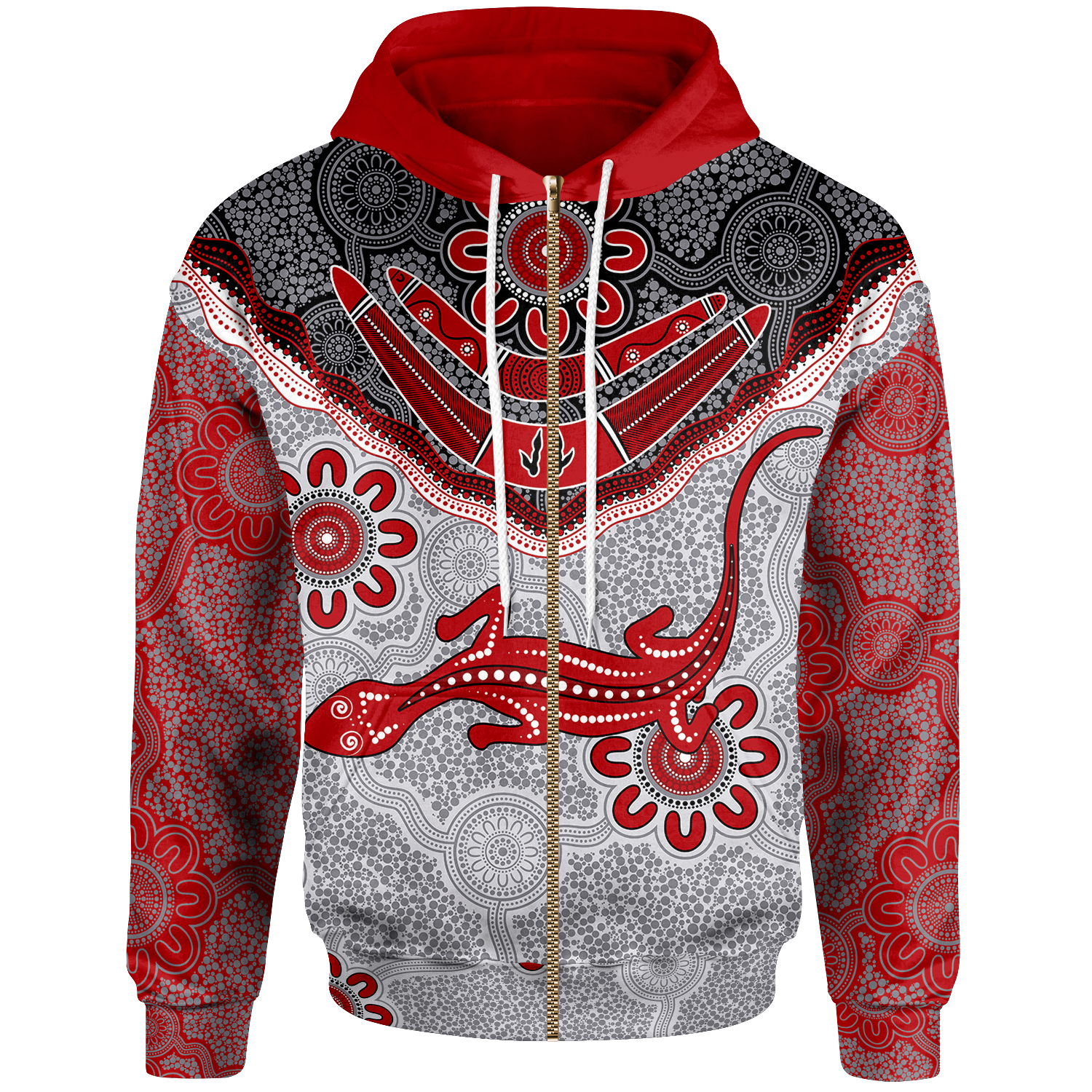 Aboriginal Zip Hoodie - Indigenous Boomerang and Lizard Art