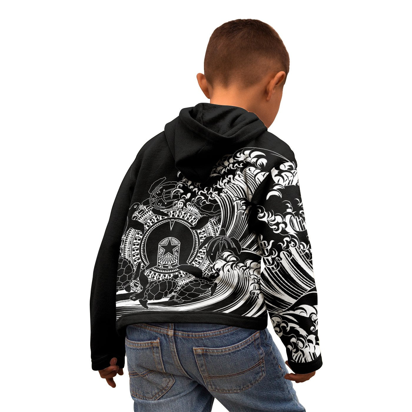 Aboriginal Kid Zip Hoodie - Torres Strait Islands in Wave (Black) 