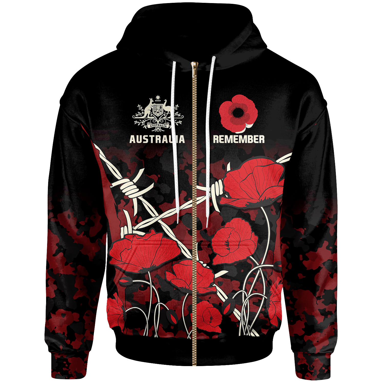 Anzac Zip Hoodie - Anzac with Remembrance Poppy Flower