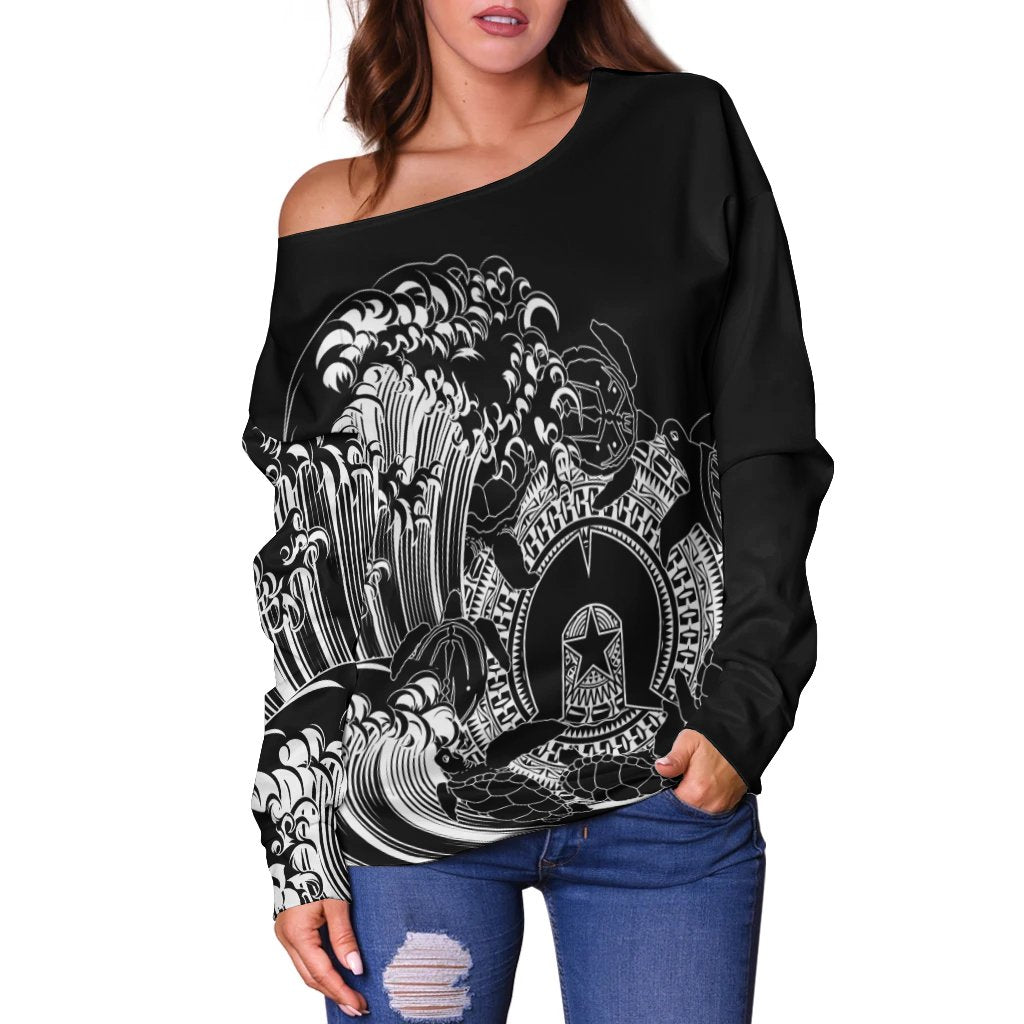 Aboriginal Women's Off Shoulder Sweater, Torres Strait Islands in Wave (Black)