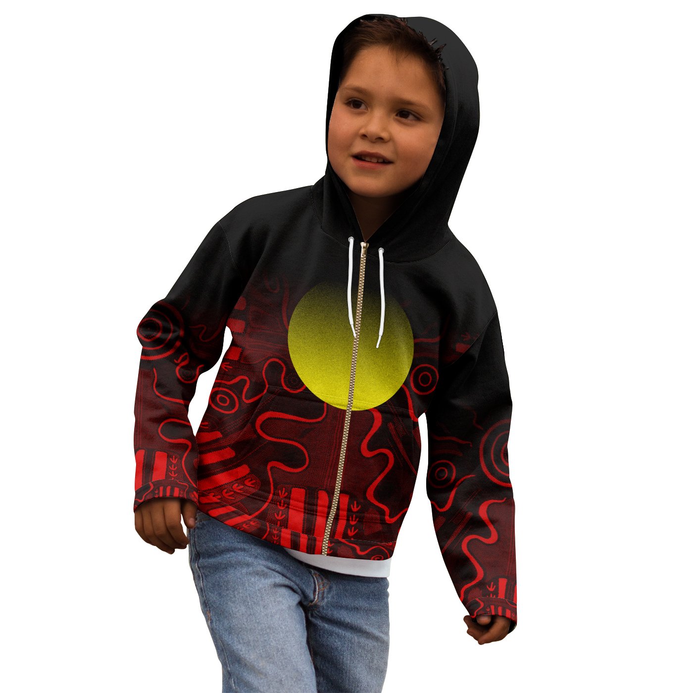 Aboriginal Kid Zip Hoodie - Indigenous Flag Grunge Style