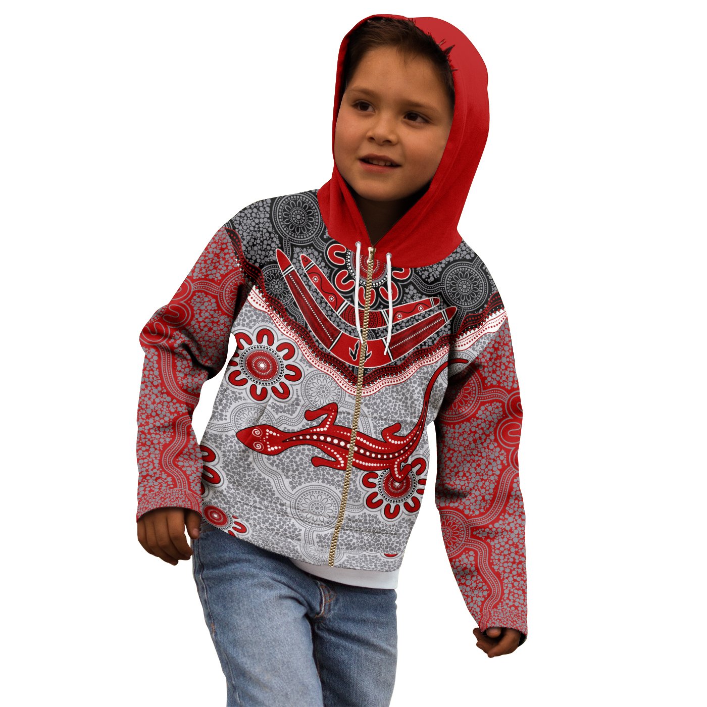 Aboriginal Zip Hoodie - Indigenous Boomerang and Lizard Art