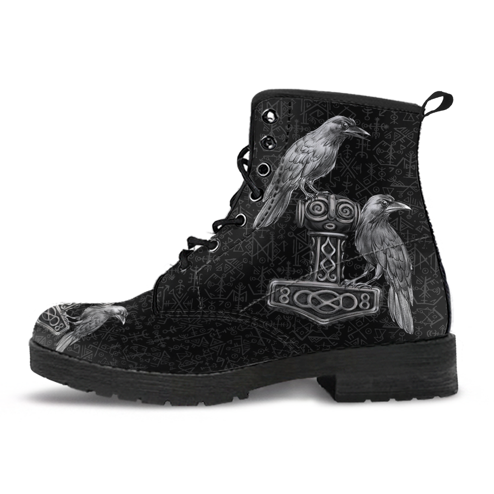 Viking Leather Boots Thor Hammer with Raven Of Odin