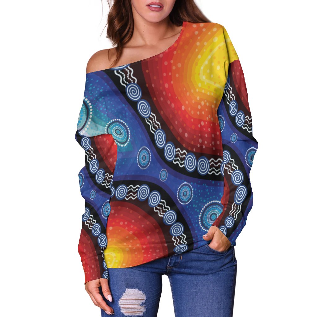 Off Shoulder Sweater - Aboriginal Color Dot Painting