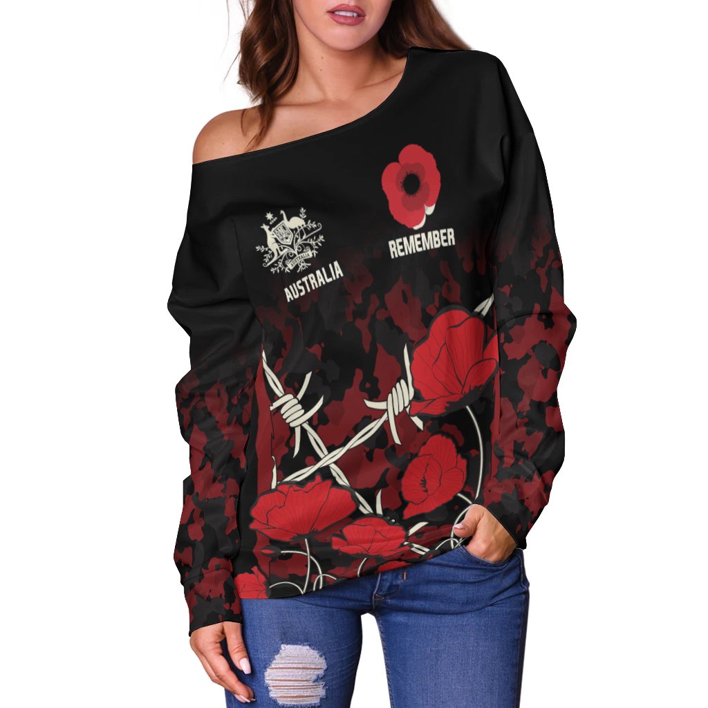 Anzac Off Shoulder Sweater - Anzac with Remembrance Poppy Flower