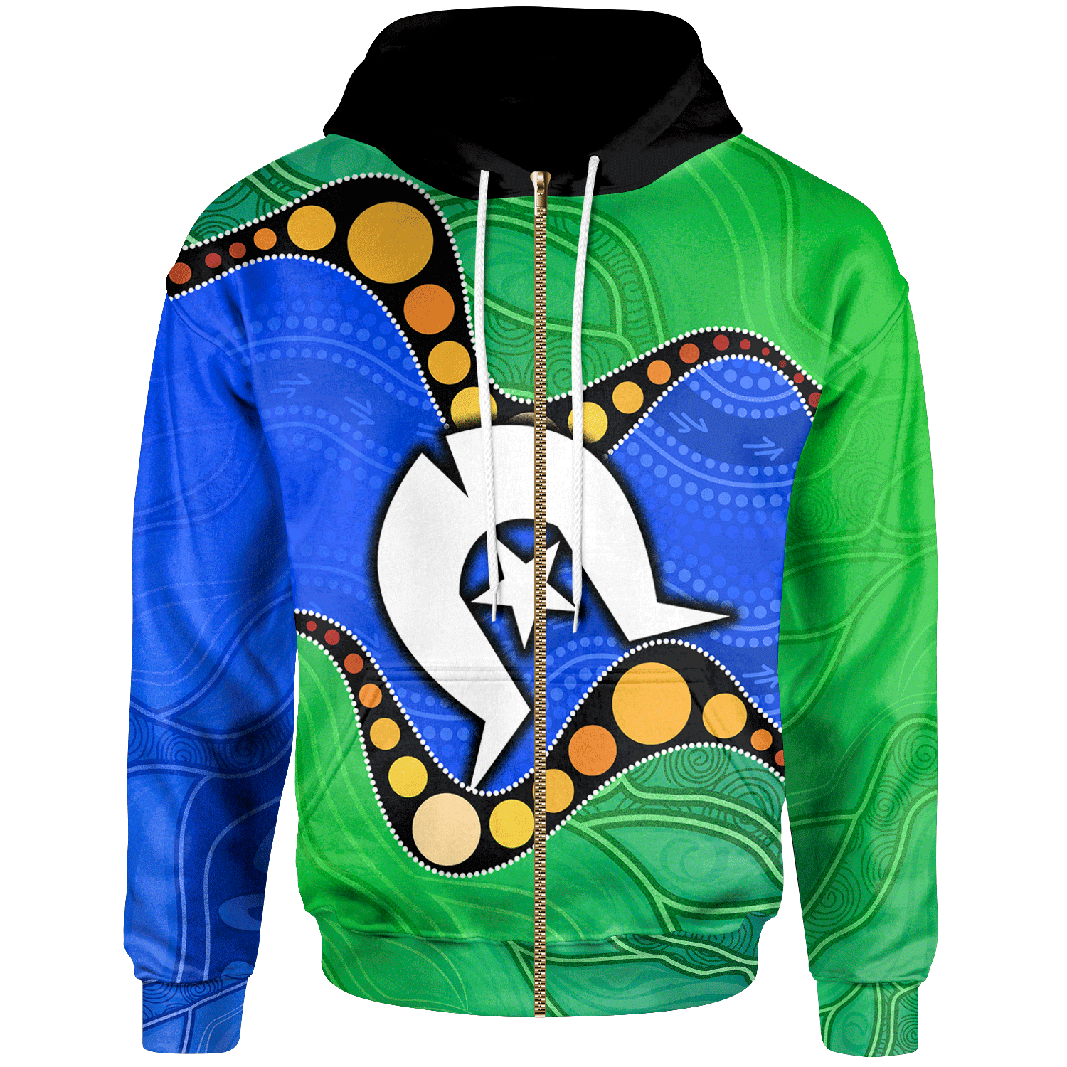 Torres Strait Islands Zip Hoodie - Flag with Aboriginal Patterns