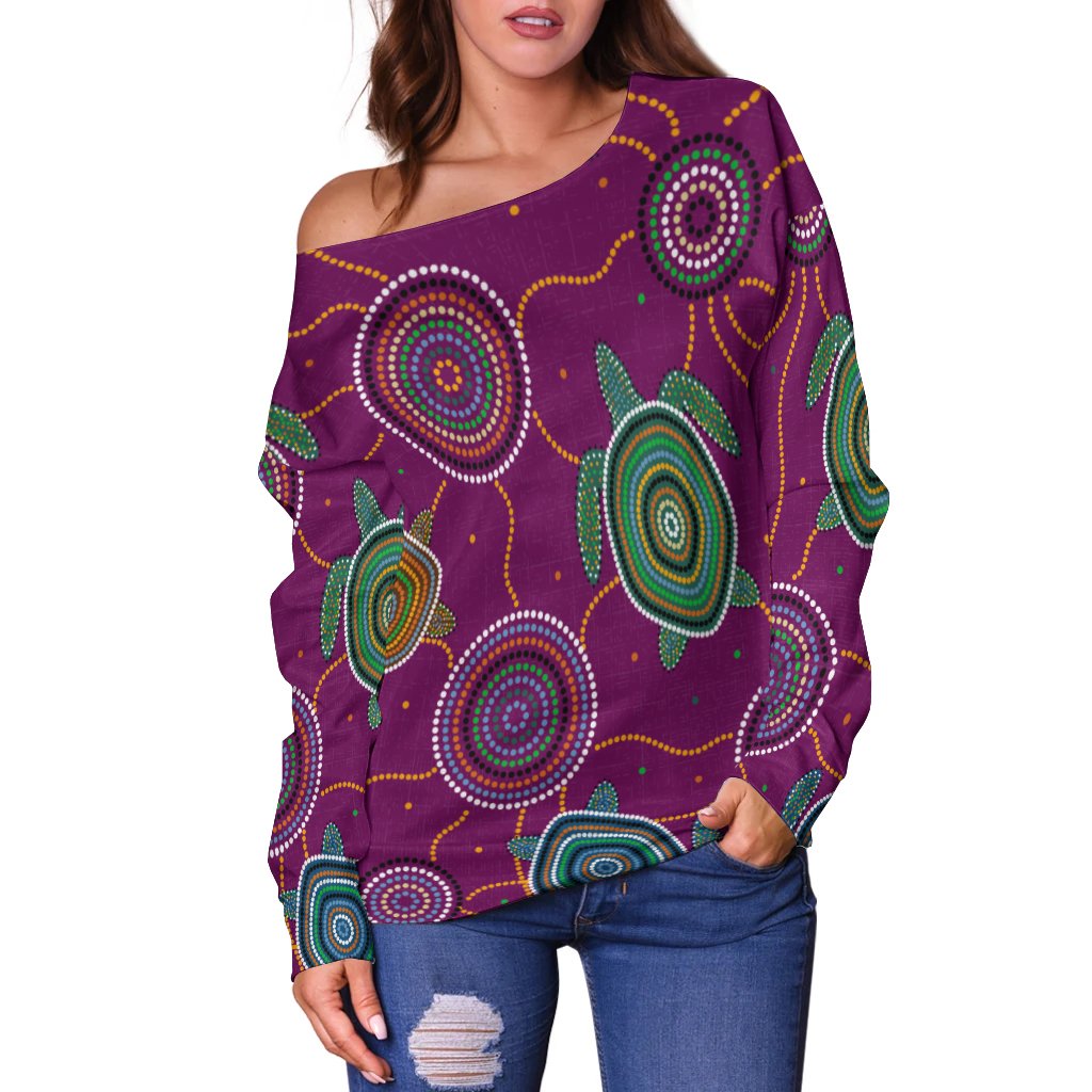 Women Off Shoulder - Aboriginal Turtle Purple Australia Dot Patterns