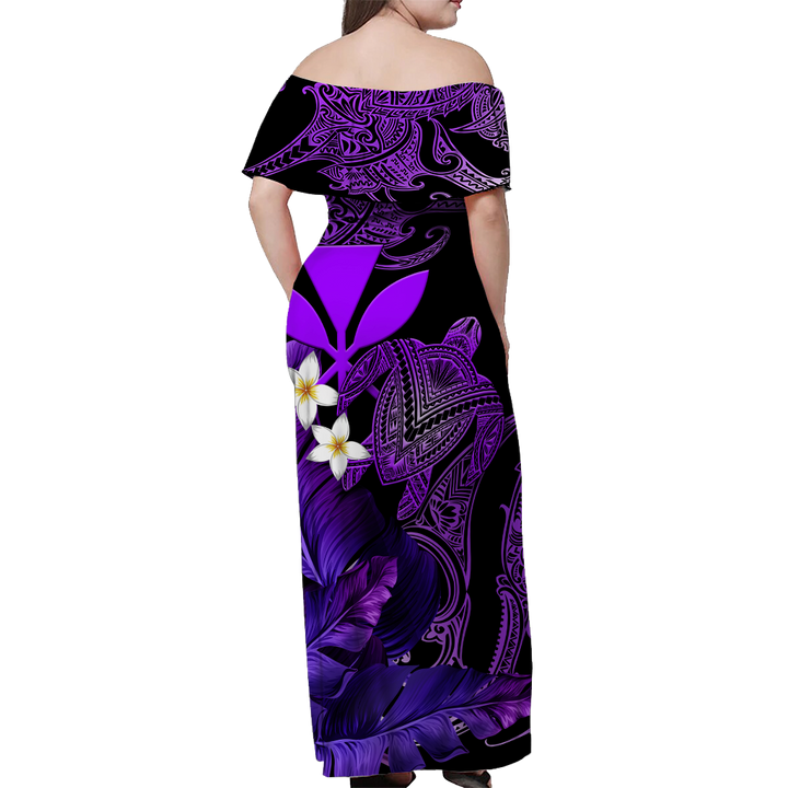 (Custom Personalised) Hawaii Turtle With Plumeria Leaf Purple Women Off Shoulder Long Dress - LT12