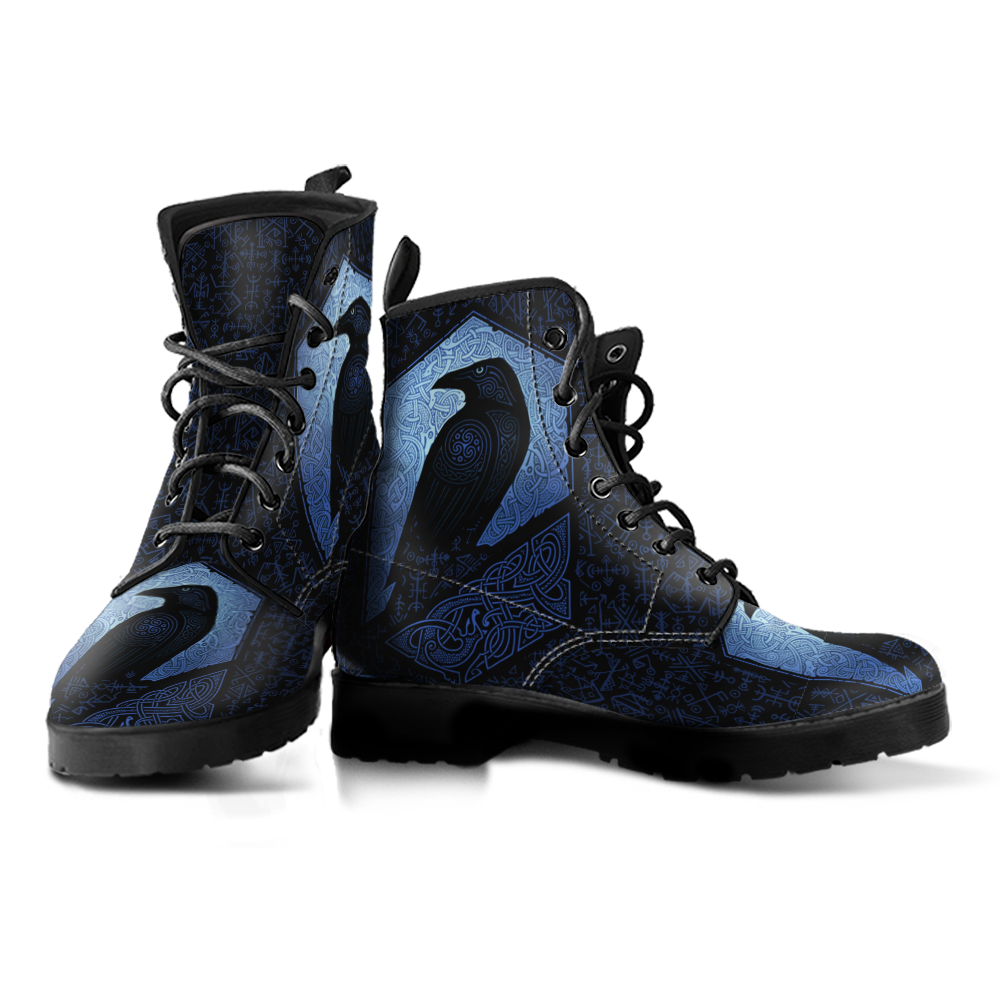 Viking Leather Boots The Raven Of Odin with Futhark Blue Style