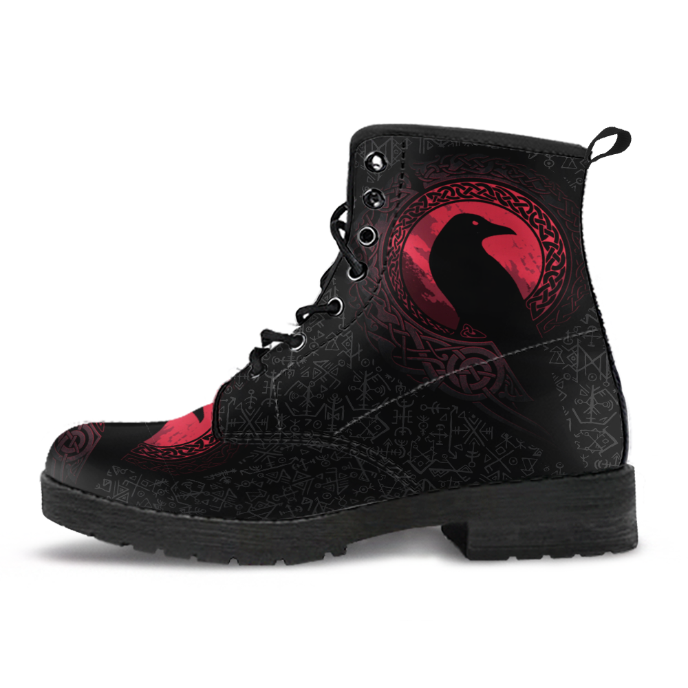 Viking Leather Boots The Raven Of Odin with Futhark Red Style