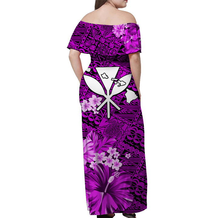 (Custom Personalised) Hawaii Off Shoulder Long Dress Map and Turtle Purple Flowers LT13