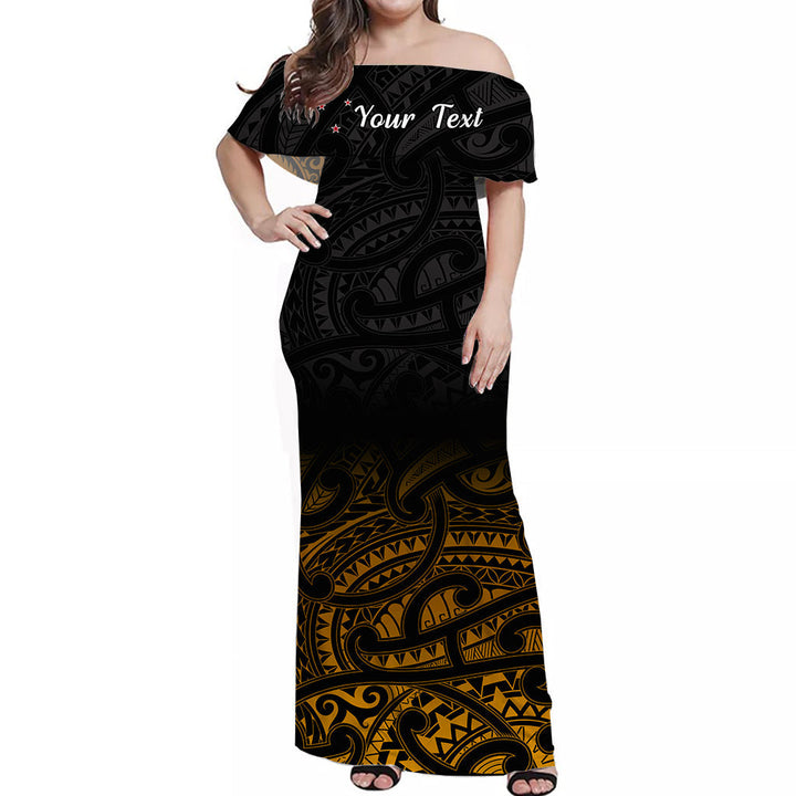 (Custom Personalised) New Zealand Off Shoulder Long Dress Maori Pattern Gold LT13
