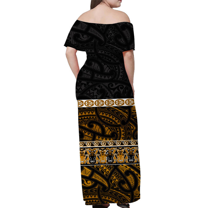 (Custom Personalised) New Zealand Off Shoulder Long Dress Maori Simple Gold LT13