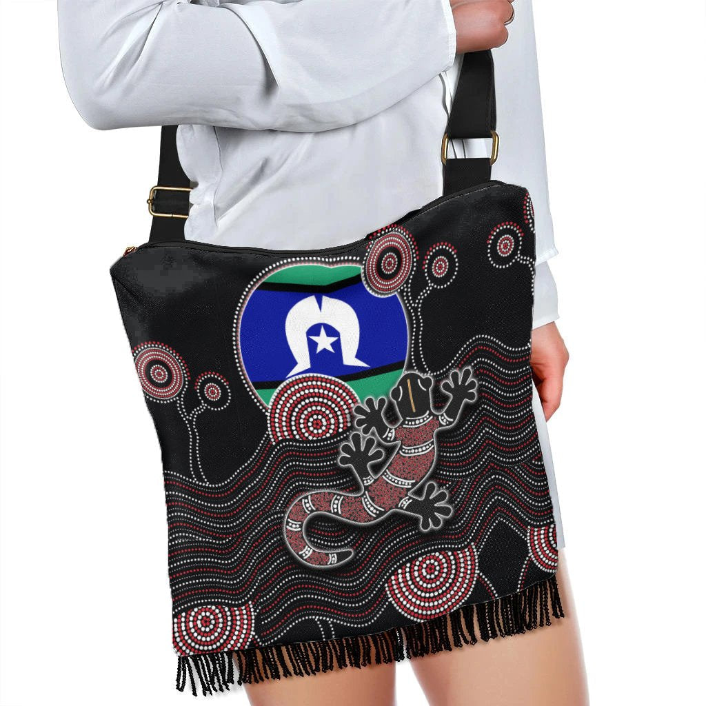 Boho Handbag - Gecko Aboriginal Tribal Pattern with Torres Strait Islanders Flag