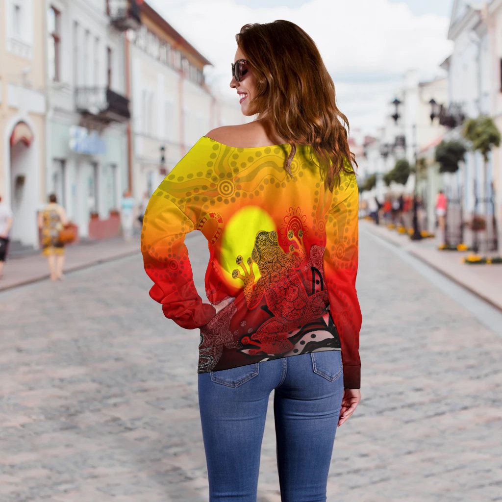 Aboriginal Women's Off Shoulder Sweater - Indigenous Frog (Red)