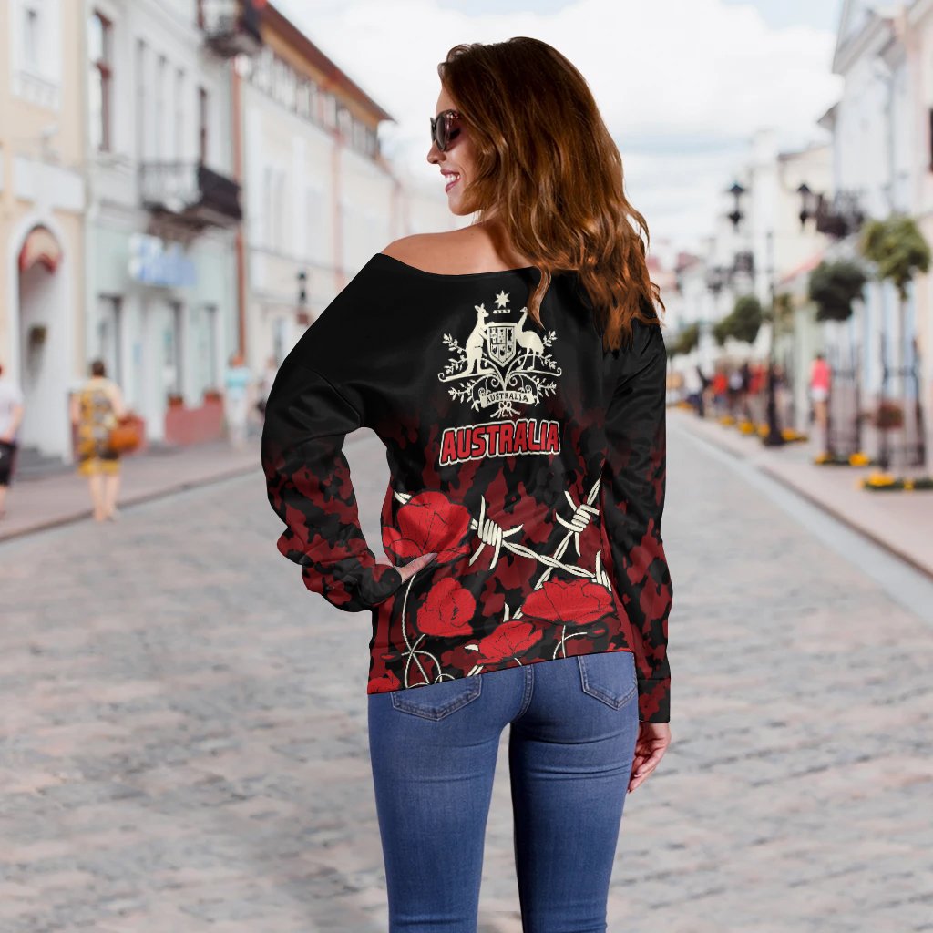 Anzac Off Shoulder Sweater - Anzac with Remembrance Poppy Flower