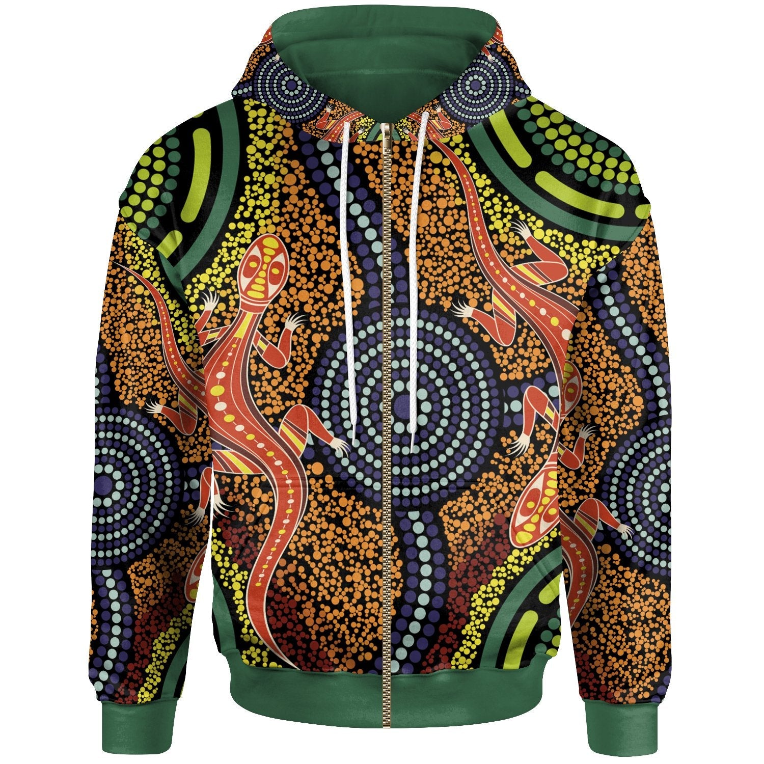 Aboriginal Zip Hoodie - Aboriginal Two Lizards Dot Painting Circle