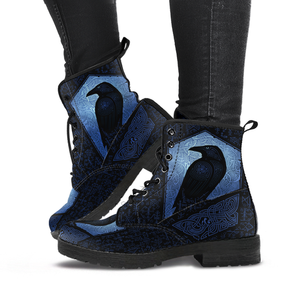 Viking Leather Boots The Raven Of Odin with Futhark Blue Style